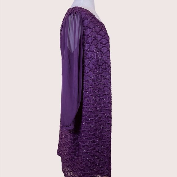 Connected Apparel Chiffon Sleeve Deep Purple Glitter Trim Evening Dress 16W NWT - Picture 4 of 9